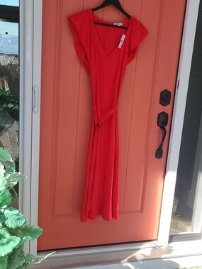 LOFT Red V-Neck Maxi Dress with Flutter Sleeves